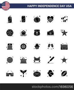 Happy Independence Day 4th July Set of 25 Solid Glyph American Pictograph of decoration; american; american; usa; heart Editable USA Day Vector Design Elements