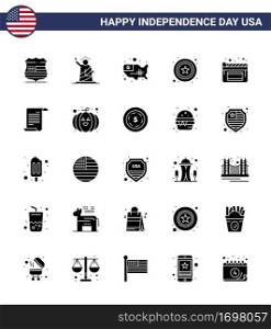 Happy Independence Day 4th July Set of 25 Solid Glyph American Pictograph of movies  sign  usa  star  usa Editable USA Day Vector Design Elements