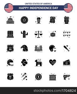 Happy Independence Day 4th July Set of 25 Solid Glyph American Pictograph of alcohol; usa; medal; love; soda Editable USA Day Vector Design Elements