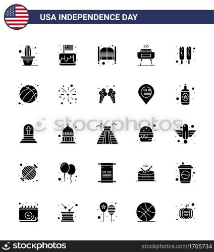 Happy Independence Day 4th July Set of 25 Solid Glyph American Pictograph of holiday; celebration; usa; barbeque; day Editable USA Day Vector Design Elements