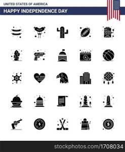 Happy Independence Day 4th July Set of 25 Solid Glyph American Pictograph of plant  cactus  rugby  game  machine Editable USA Day Vector Design Elements