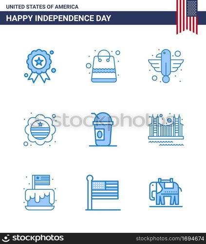 Happy Independence Day 4th July Set of 9 Blues American Pictograph of america; international flag; american; flag; state Editable USA Day Vector Design Elements