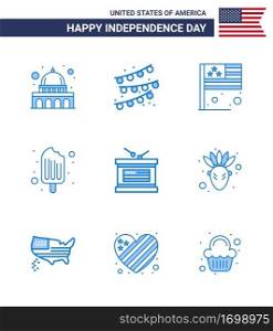 Happy Independence Day 4th July Set of 9 Blues American Pictograph of independece  drum  country  ice cream  cream Editable USA Day Vector Design Elements