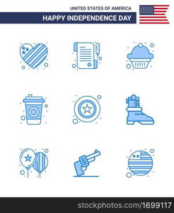 Happy Independence Day 4th July Set of 9 Blues American Pictograph of shose  star  dessert  police  drink Editable USA Day Vector Design Elements
