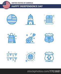 Happy Independence Day 4th July Set of 9 Blues American Pictograph of usa  guiter  entertainment  american  handbag Editable USA Day Vector Design Elements