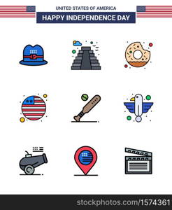 Happy Independence Day 4th July Set of 9 Flat Filled Lines American Pictograph of sports; baseball; round; ball; flag Editable USA Day Vector Design Elements