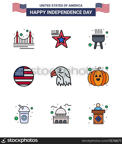 Happy Independence Day 4th July Set of 9 Flat Filled Lines American Pictograph of bird; usa; usa; thanksgiving; american Editable USA Day Vector Design Elements