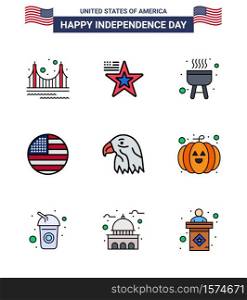 Happy Independence Day 4th July Set of 9 Flat Filled Lines American Pictograph of bird; usa; usa; thanksgiving; american Editable USA Day Vector Design Elements