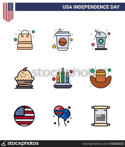 Happy Independence Day 4th July Set of 9 Flat Filled Lines American Pictograph of cap; light; cake; fire; thanksgiving Editable USA Day Vector Design Elements