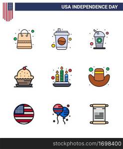 Happy Independence Day 4th July Set of 9 Flat Filled Lines American Pictograph of cap; light; cake; fire; thanksgiving Editable USA Day Vector Design Elements