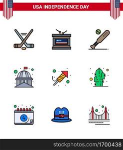 Happy Independence Day 4th July Set of 9 Flat Filled Lines American Pictograph of white; landmark; ball; house; usa Editable USA Day Vector Design Elements