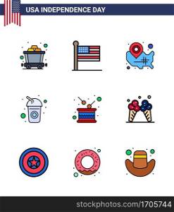 Happy Independence Day 4th July Set of 9 Flat Filled Lines American Pictograph of drum  soda  states  drink  bottle Editable USA Day Vector Design Elements