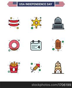 Happy Independence Day 4th July Set of 9 Flat Filled Lines American Pictograph of american; day; city; calender; food Editable USA Day Vector Design Elements