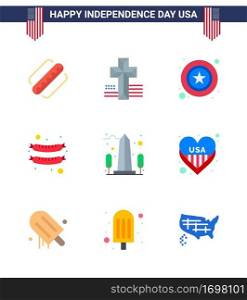Happy Independence Day 4th July Set of 9 Flats American Pictograph of usa; monument; police; landmark; frankfurter Editable USA Day Vector Design Elements