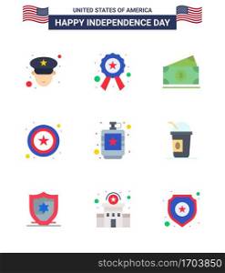 Happy Independence Day 4th July Set of 9 Flats American Pictograph of hip  drink  money  alcoholic  star Editable USA Day Vector Design Elements