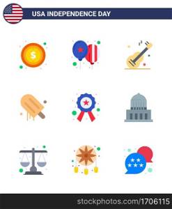 Happy Independence Day 4th July Set of 9 Flats American Pictograph of police  usa  guiter  american  icecream Editable USA Day Vector Design Elements
