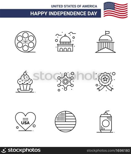 Happy Independence Day 4th July Set of 9 Lines American Pictograph of sweet  dessert  white  cake  ireland Editable USA Day Vector Design Elements