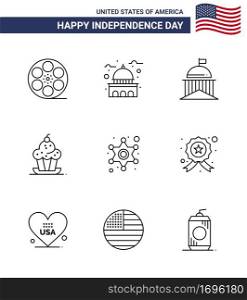 Happy Independence Day 4th July Set of 9 Lines American Pictograph of sweet  dessert  white  cake  ireland Editable USA Day Vector Design Elements