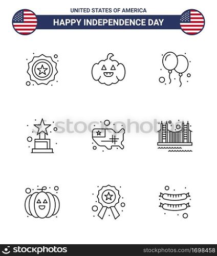 Happy Independence Day 4th July Set of 9 Lines American Pictograph of usa; states; celebrate; map; award Editable USA Day Vector Design Elements