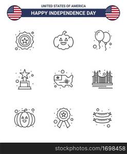 Happy Independence Day 4th July Set of 9 Lines American Pictograph of usa; states; celebrate; map; award Editable USA Day Vector Design Elements