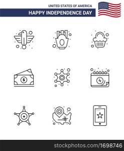 Happy Independence Day 4th July Set of 9 Lines American Pictograph of men  amearican  food  money  celebration Editable USA Day Vector Design Elements