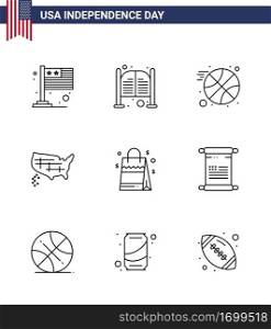 Happy Independence Day 4th July Set of 9 Lines American Pictograph of handbag; usa; entrance; united; map Editable USA Day Vector Design Elements
