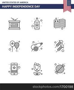 Happy Independence Day 4th July Set of 9 Lines American Pictograph of war; army; flag; america flag; day Editable USA Day Vector Design Elements