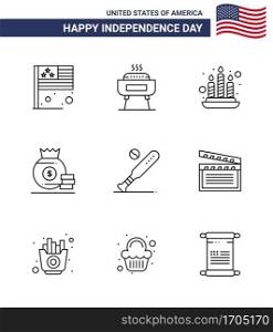 Happy Independence Day 4th July Set of 9 Lines American Pictograph of bat  ball  candle  american  bag Editable USA Day Vector Design Elements
