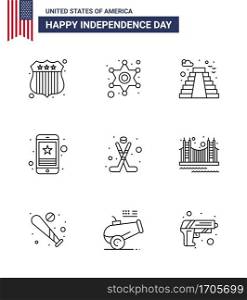 Happy Independence Day 4th July Set of 9 Lines American Pictograph of hokey; phone; building; mobile; star Editable USA Day Vector Design Elements