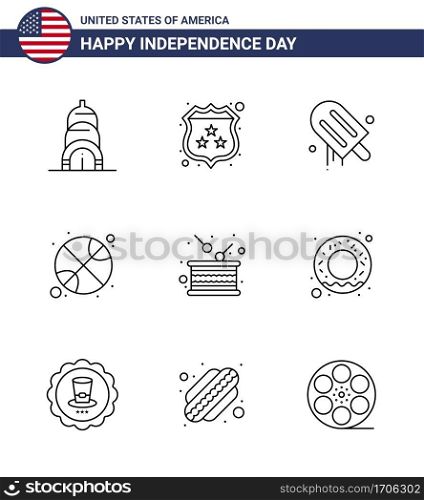 Happy Independence Day 4th July Set of 9 Lines American Pictograph of holiday  day  cream  day  ball Editable USA Day Vector Design Elements