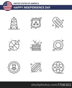 Happy Independence Day 4th July Set of 9 Lines American Pictograph of holiday; day; cream; day; ball Editable USA Day Vector Design Elements