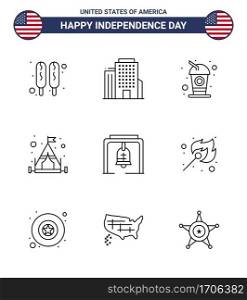 Happy Independence Day 4th July Set of 9 Lines American Pictograph of c&ing  christmas bell  drink  bell  tent Editable USA Day Vector Design Elements
