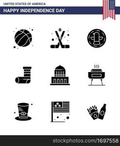 Happy Independence Day 4th July Set of 9 Solid Glyphs American Pictograph of building  festivity  america  christmas  eagle Editable USA Day Vector Design Elements