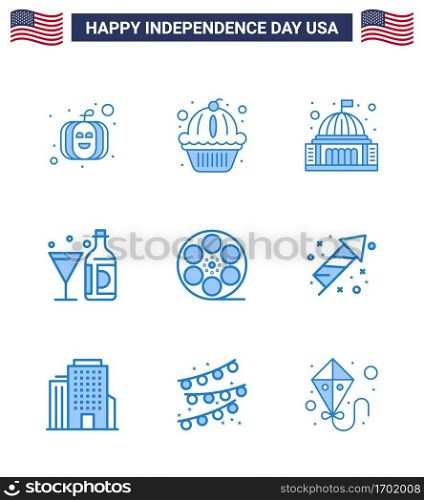 Happy Independence Day 9 Blues Icon Pack for Web and Print movis; bottle; building; american; drink Editable USA Day Vector Design Elements