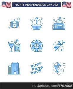 Happy Independence Day 9 Blues Icon Pack for Web and Print movis; bottle; building; american; drink Editable USA Day Vector Design Elements