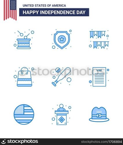 Happy Independence Day 9 Blues Icon Pack for Web and Print shop  money  sign  bag  decoration Editable USA Day Vector Design Elements