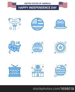 Happy Independence Day 9 Blues Icon Pack for Web and Print star  meal  cap  fast food  american Editable USA Day Vector Design Elements