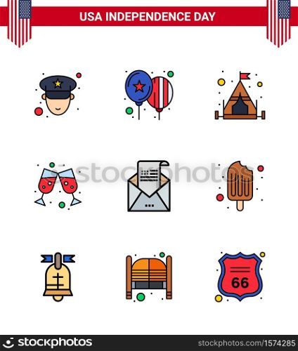Happy Independence Day 9 Flat Filled Lines Icon Pack for Web and Print mail; greeting; camping; envelope; wine glass Editable USA Day Vector Design Elements