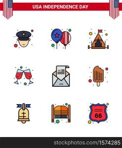 Happy Independence Day 9 Flat Filled Lines Icon Pack for Web and Print mail; greeting; camping; envelope; wine glass Editable USA Day Vector Design Elements