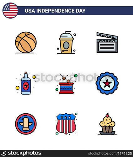 Happy Independence Day 9 Flat Filled Lines Icon Pack for Web and Print drum; wine; independece; bottle; usa Editable USA Day Vector Design Elements