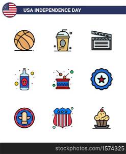 Happy Independence Day 9 Flat Filled Lines Icon Pack for Web and Print drum; wine; independece; bottle; usa Editable USA Day Vector Design Elements