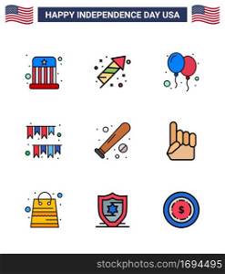 Happy Independence Day 9 Flat Filled Lines Icon Pack for Web and Print ball  decoration  balloons  buntings  american day Editable USA Day Vector Design Elements