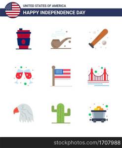 Happy Independence Day 9 Flats Icon Pack for Web and Print united  flag  baseball  wine glass  beer Editable USA Day Vector Design Elements
