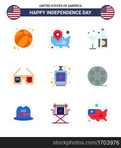 Happy Independence Day 9 Flats Icon Pack for Web and Print usa  glasses  location pin  sunglasses  bottle Editable USA Day Vector Design Elements