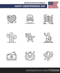 Happy Independence Day 9 Lines Icon Pack for Web and Print american  american  door  plent  cactus Editable USA Day Vector Design Elements