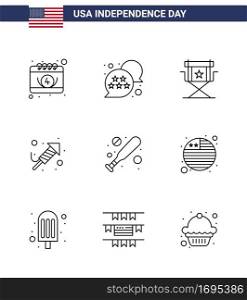 Happy Independence Day 9 Lines Icon Pack for Web and Print baseball  festival  chair  religion  television Editable USA Day Vector Design Elements