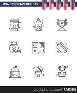 Happy Independence Day 9 Lines Icon Pack for Web and Print book  money  chair  bag  television Editable USA Day Vector Design Elements