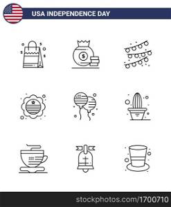 Happy Independence Day 9 Lines Icon Pack for Web and Print fly  bloon  buntings  badge  flag Editable USA Day Vector Design Elements
