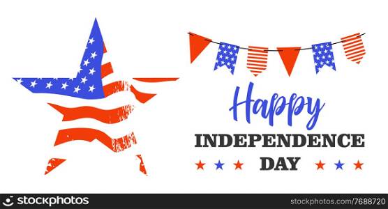 Happy Independence Day. A star in the colors of the flag of the United States of America. Vector postcard, illustration.. Happy Independence Day. Vector postcard, illustration.