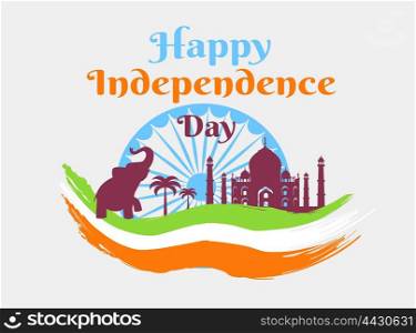 Happy Independence Day in India Holiday Poster. Happy Independence Day in India holiday poster with flag colors and national symbols silhouettes isolated vector illustration on white background.